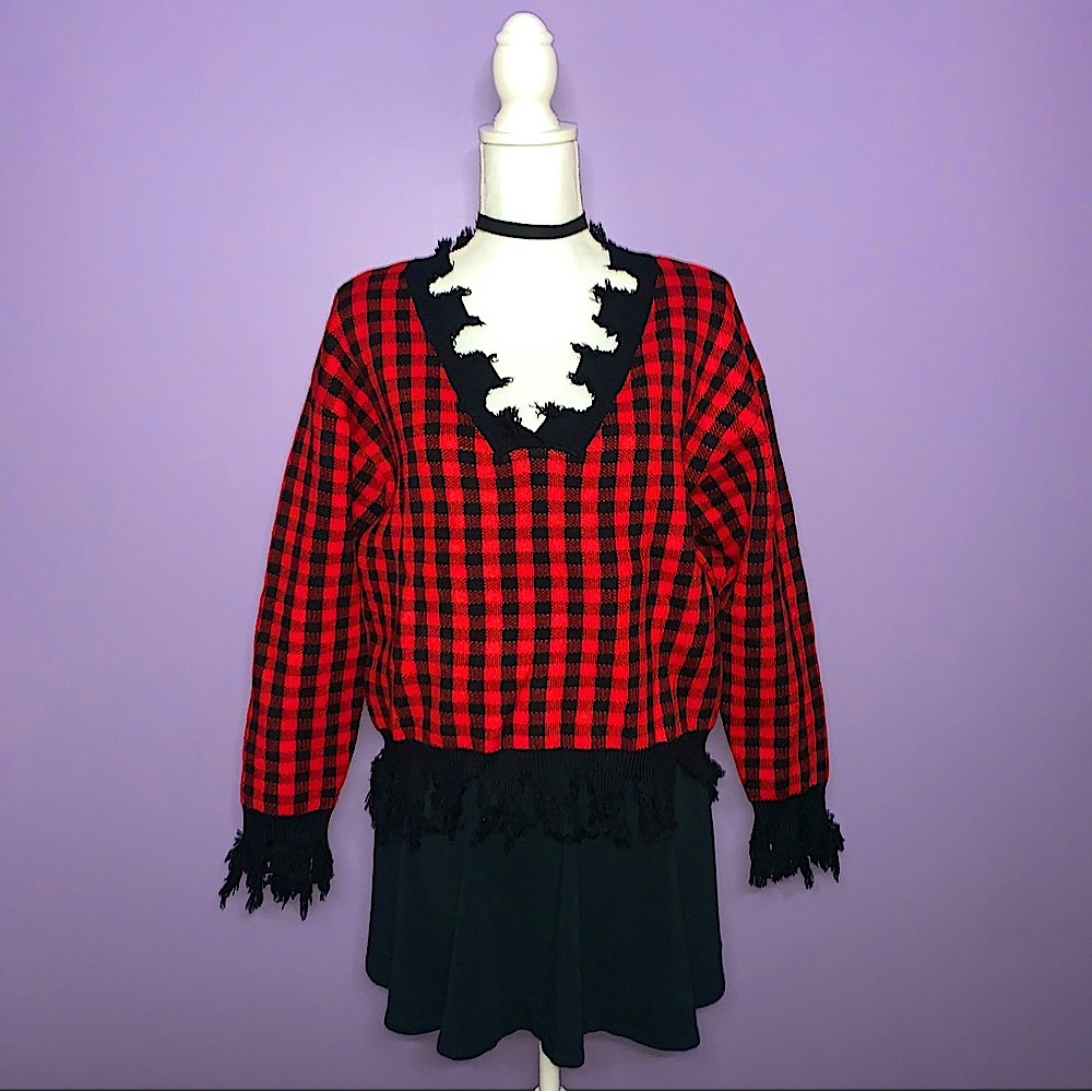 NWT Boutique Red and Black Plaid Distressed Sweater